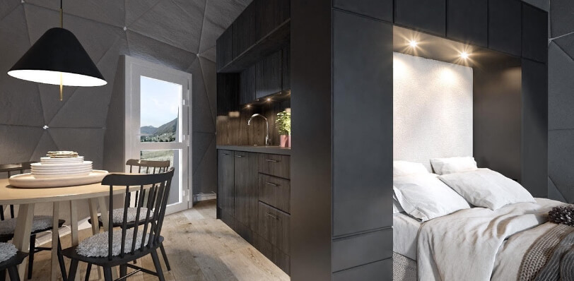Cuisine et chambre aménagées dans un COCOON